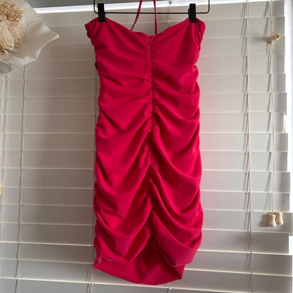 Oh Polly Regina rhinestone Halter Mini Dress l Pink Bodycon Party Size 6 - Picture 3 of 6
